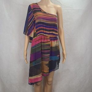 Jay (L) Orange, Blue, Green, Pink Striped Asymmetrical One Shoulder Mini Dress